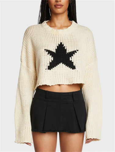 Damen modischer Grobstrickpullover mit trendy Sternenapplikation EB