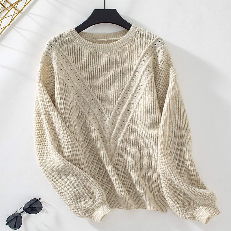 Damen Strickpullover mit V-Ausschnitt und dekorativem Strukturmuster EB