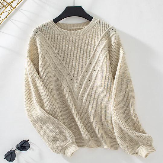 Damen Strickpullover mit V-Ausschnitt und dekorativem Strukturmuster EB