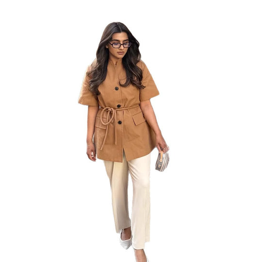 Damen modische Übergangsjacke mit Gürtel und praktischen Taschen EB