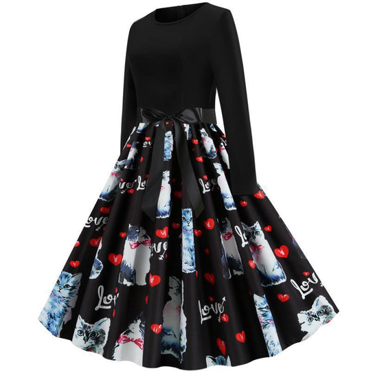 Damen Tailliertes Vintage-Swingkleid mit Satin-Taillenschleife, Langarm-Oberteil und printetem Tellerrock EB