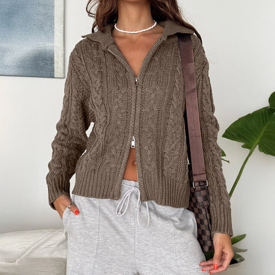 Damen nan verkürzte Zopfmuster Strickjacke mit durchgehendem Reißverschluss und Stehkragen EB