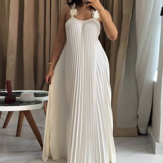 Damen Elegantes Maxikleid mit lässigem Faltenwurf und dekorativen Schulterblüten EB