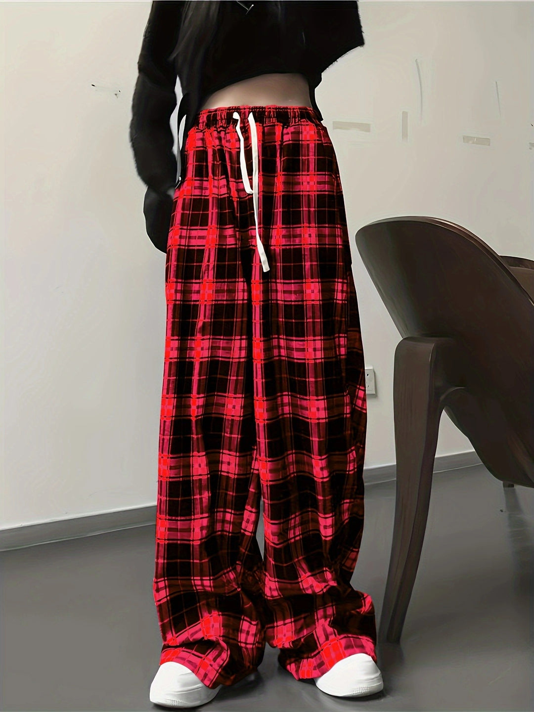 Damen Weite Karohose mit elastischem Bund und Kordelzug EB