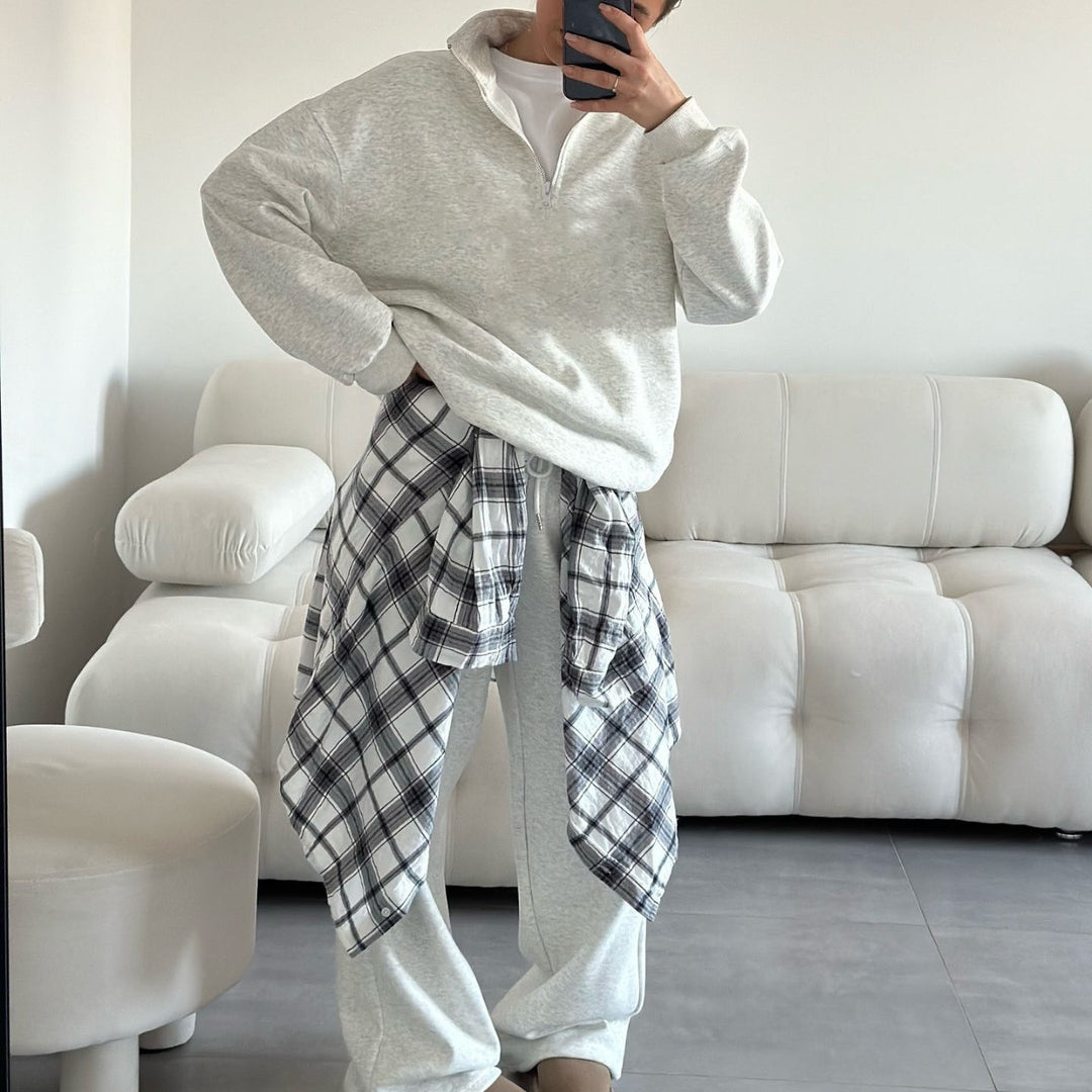 Damen gemütliches Fleece-Loungewear-Set mit Stehkragen und Reißverschluss EB