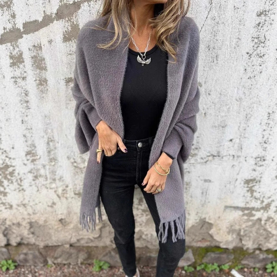 Damen nan langer kuscheliger Fransen-Cardigan mit Schalkragen und Oversize-Passform EB