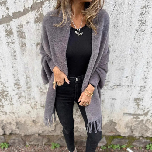 Damen nan langer kuscheliger Fransen-Cardigan mit Schalkragen und Oversize-Passform EB