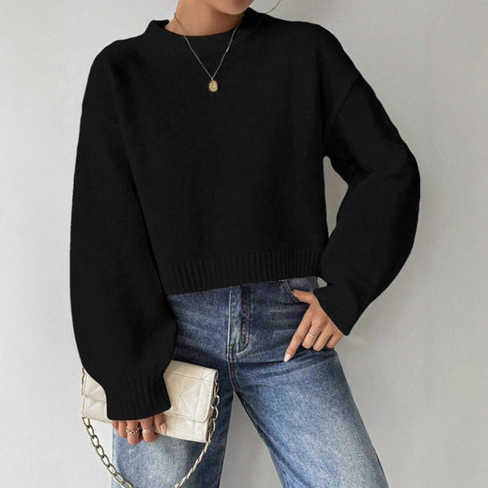 Damen Kurz-Cropped Pullover aus feinem Strick mit Ballonärmeln und geripptem Bund EB