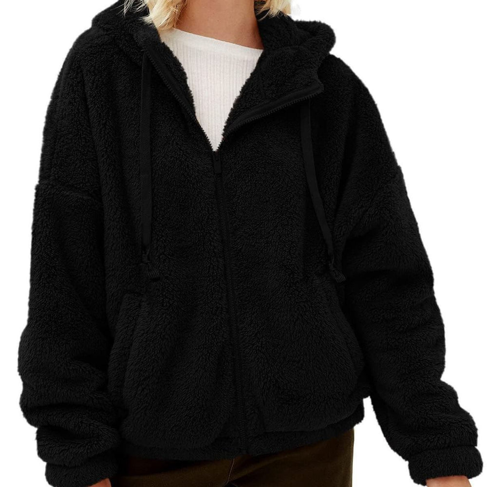 Damen Flauschige Plüschjacke mit Kapuze und Frontreißverschluss EB