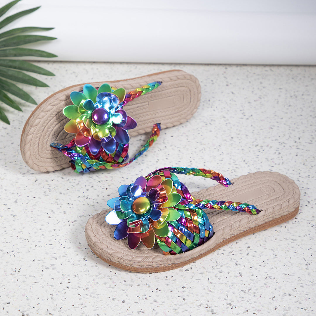 Damen Blumenschmuck Zehentrenner-Sandaletten mit rutschfester Sohle und geflochtenem Design EB