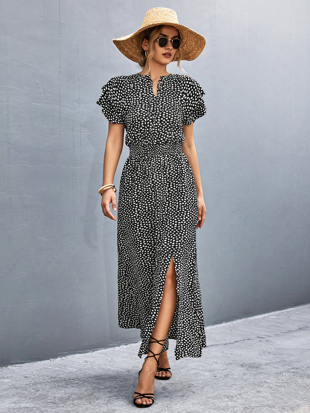 Damen Maxikleid mit modernem Rüschendesign und elastischem Taillenbund EB