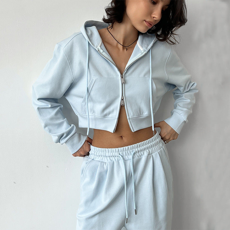 Damen kurzes Zip-Kapuzenjacken- und High-Waist Wide-Leg Jogginghose Set aus weichem French Terry EB
