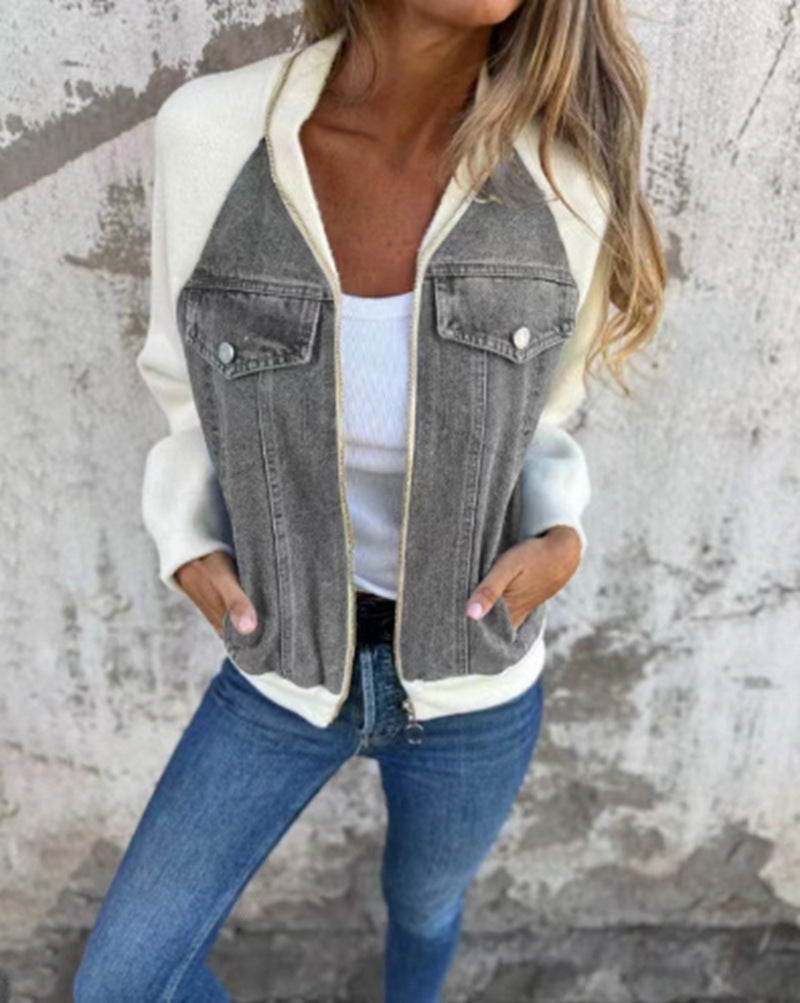Damen lässige Sweaterjacke mit Denim-Style und Fleeceärmeln EB