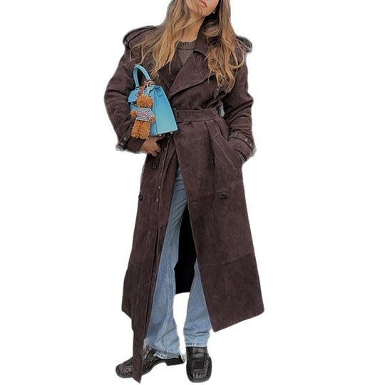 Damen Langer Trenchcoat aus weichem Wildlederimitat mit modischen Details EB