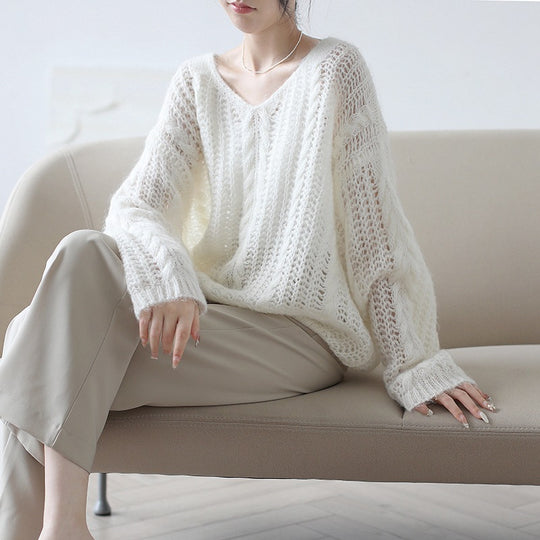 Damen Grobstrickpullover mit V-Ausschnitt und luftiger Struktur EB