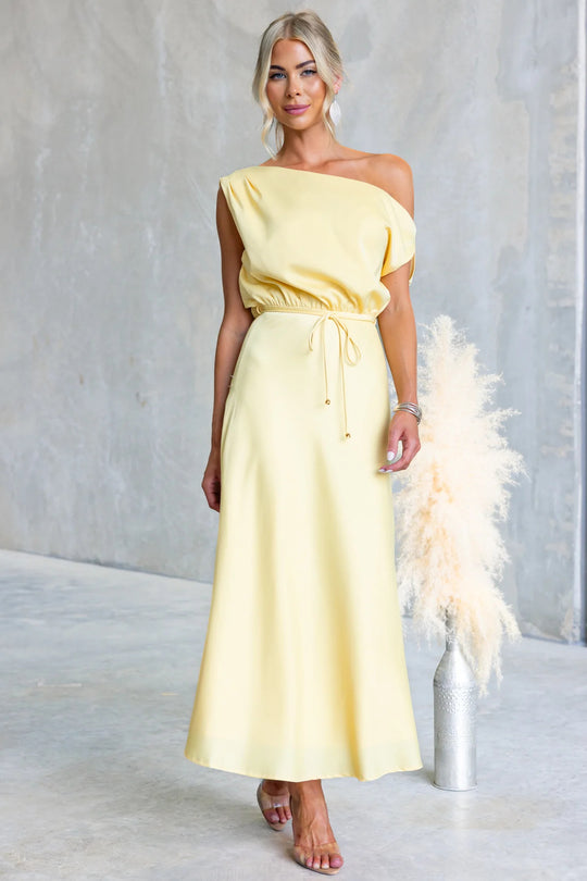 Damen Maxi-Kleid mit schulterfreiem Design und elastischem Taillenbund EB