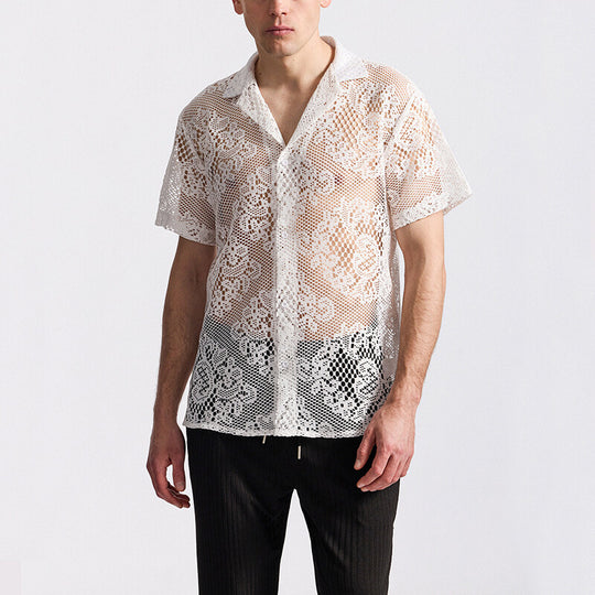 Herren Designer-Hemd aus transparentem Häkelmaterial mit floralem Muster EB