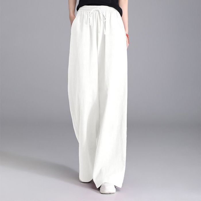 Damen nan weite Palazzo Leinenhose mit elastischem Kordelbund und Seitentaschen EB