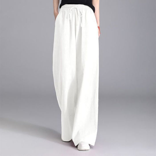 Damen nan weite Palazzo Leinenhose mit elastischem Kordelbund und Seitentaschen EB