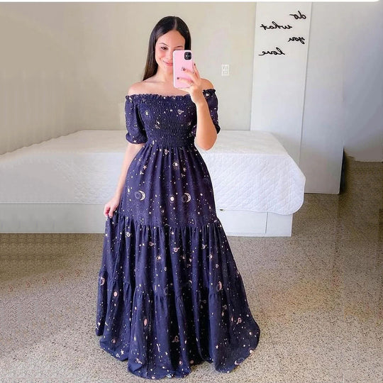 Damen Boho Maxikleid mit bezauberndem Mond- und Sternen-Motiv EB
