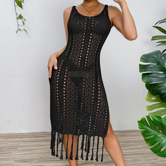 Damen Sommerliches Häkelkleid mit Fransen und seitlichem Schlitz EB