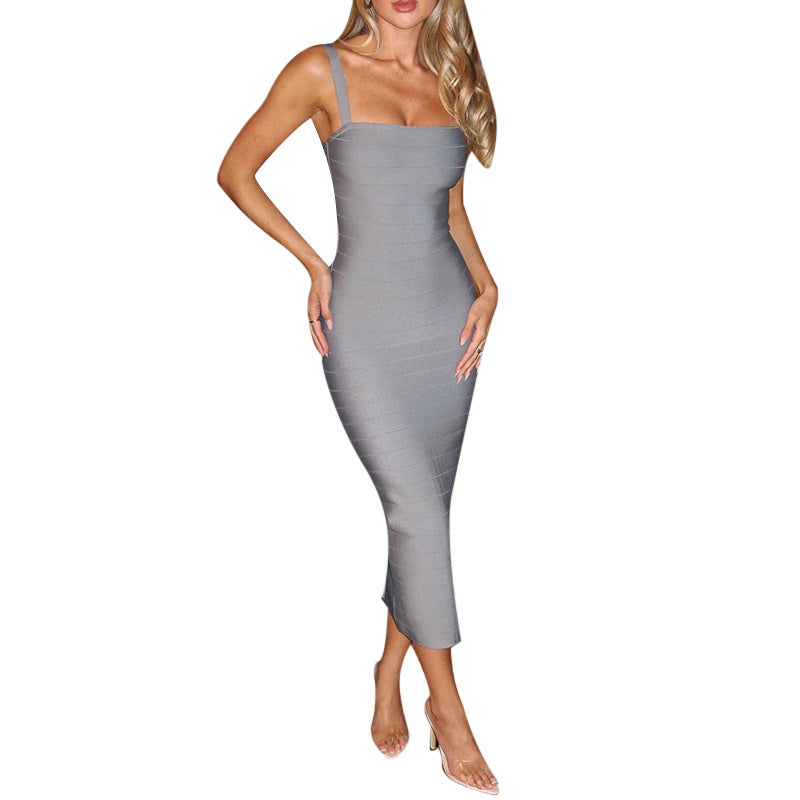 Damen figurbetontes Midikleid mit schmalen Spaghettiträgern EB
