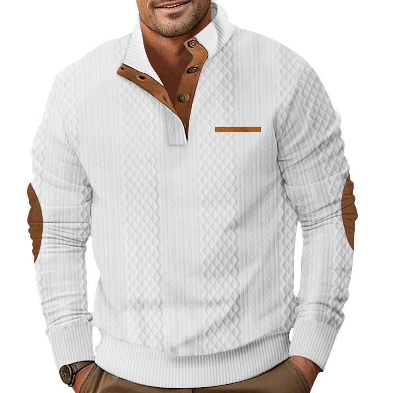 Herren Strukturiertes Kabelstrick-Sweatshirt mit Halbknopfblende, Kunstleder‑Patchtasche & Ellbogenpatches EB