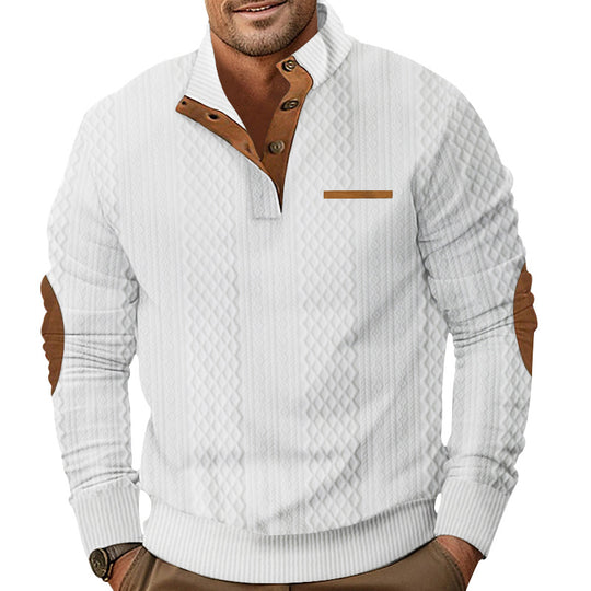 Herren Strukturiertes Kabelstrick-Sweatshirt mit Halbknopfblende, Kunstleder‑Patchtasche & Ellbogenpatches EB