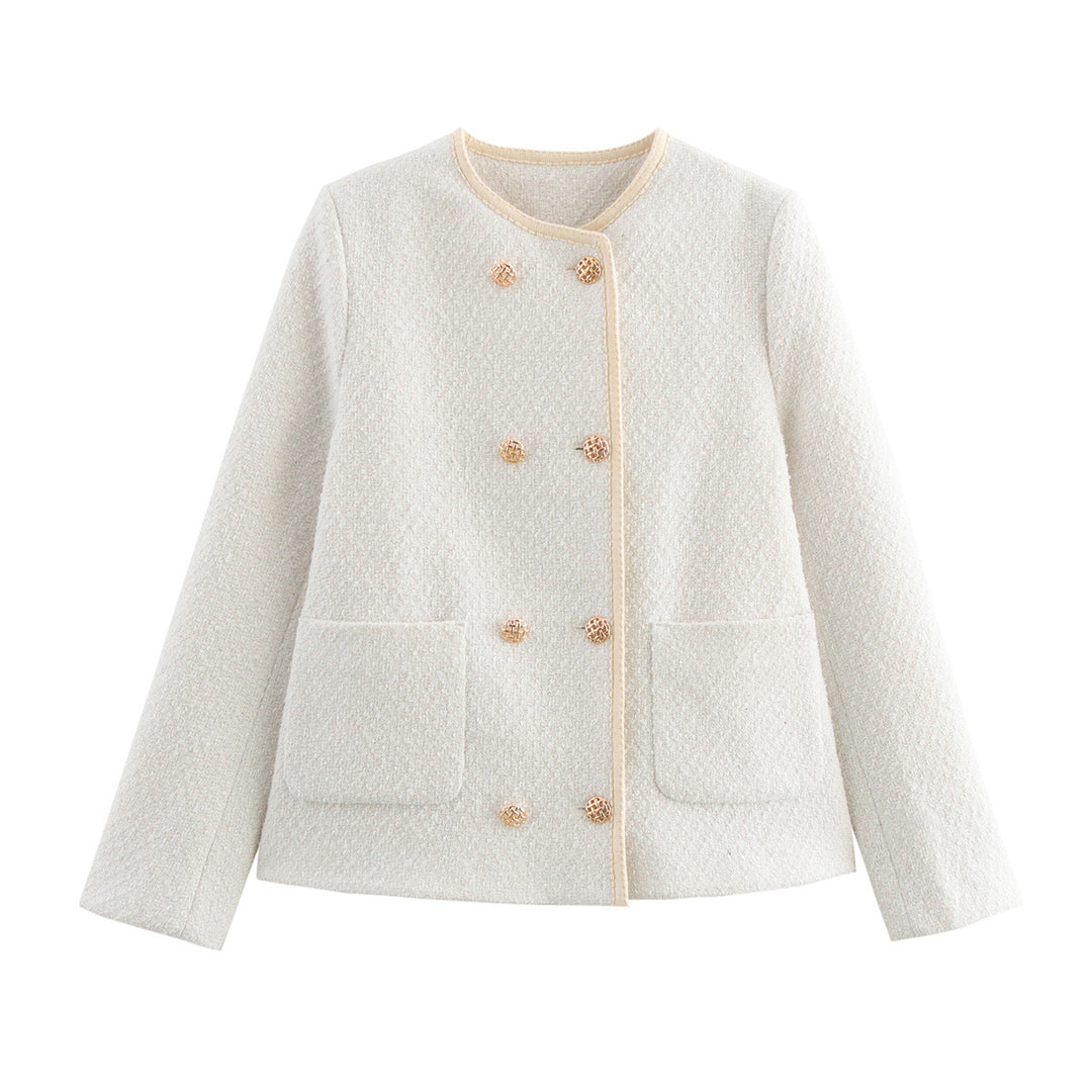 Damen elegante Bouclé-Jacke mit dekorativen Knöpfen und aufgesetzten Taschen EB