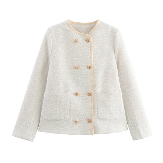 Damen elegante Bouclé-Jacke mit dekorativen Knöpfen und aufgesetzten Taschen EB