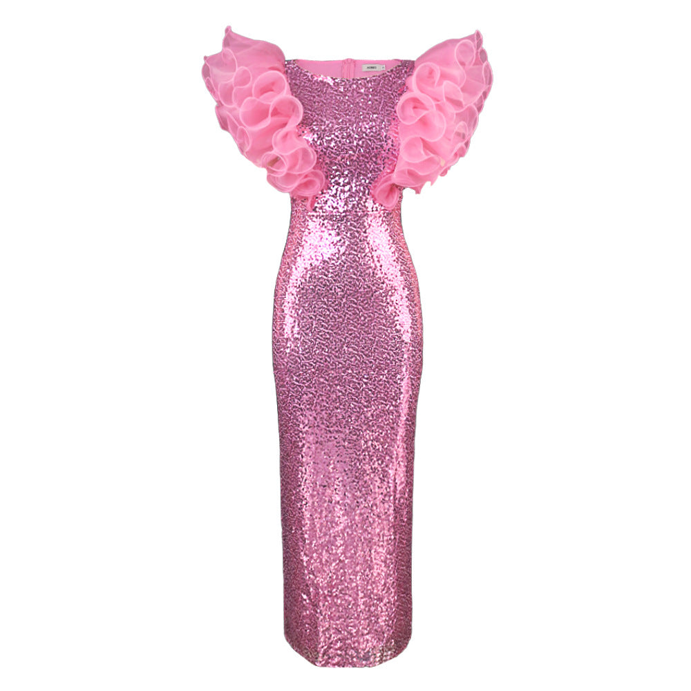 Damen Elegantes Abendkleid mit glitzerndem Paillettenbesatz und voluminösen Rüschenärmeln EB