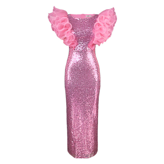 Damen Elegantes Abendkleid mit glitzerndem Paillettenbesatz und voluminösen Rüschenärmeln EB