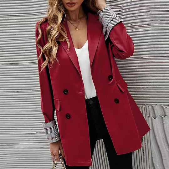 Damen Eleganter Doppelreiher Blazer mit kariertem Detail EB