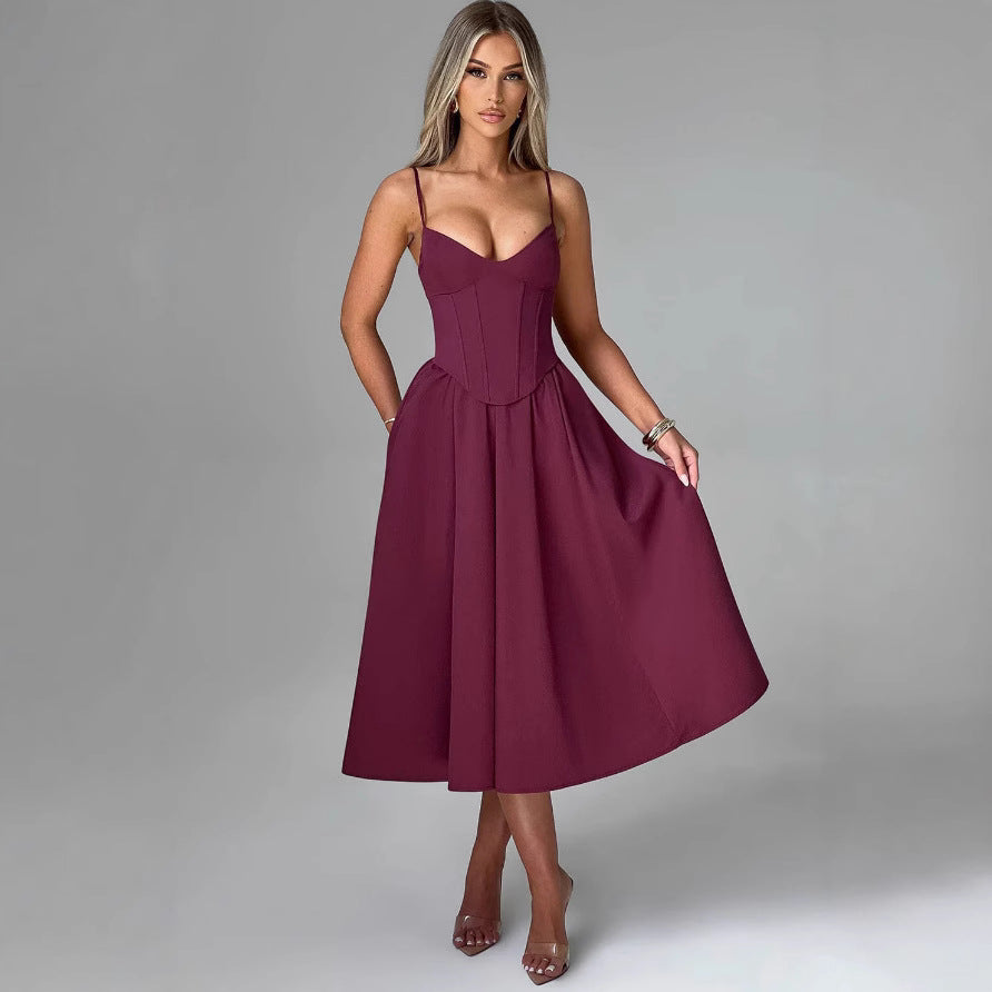 Damen Midikleid mit figurbetontem Oberteil und schwingendem Rock EB