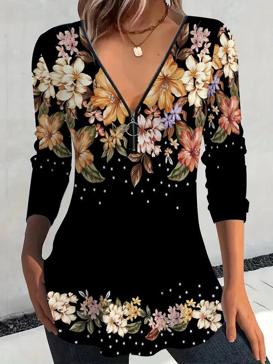 Damen Langarmshirt mit Reißverschluss und floralem Muster EB