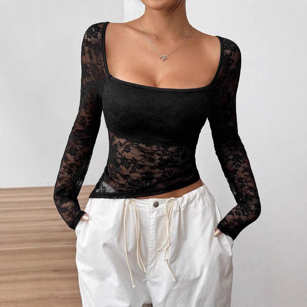 Damen Transparente Spitzenbluse mit langen Ärmeln und elegantem Ausschnitt EB