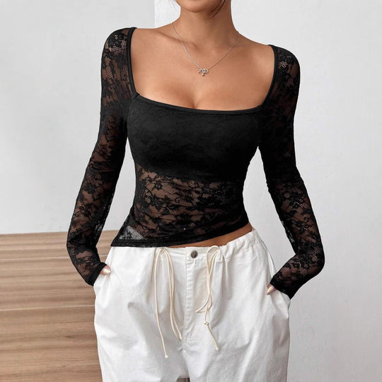 Damen Transparente Spitzenbluse mit langen Ärmeln und elegantem Ausschnitt EB
