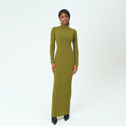 Damen Langarm Maxikleid mit elegantem Stehkragen und figurbetontem Schnitt EB
