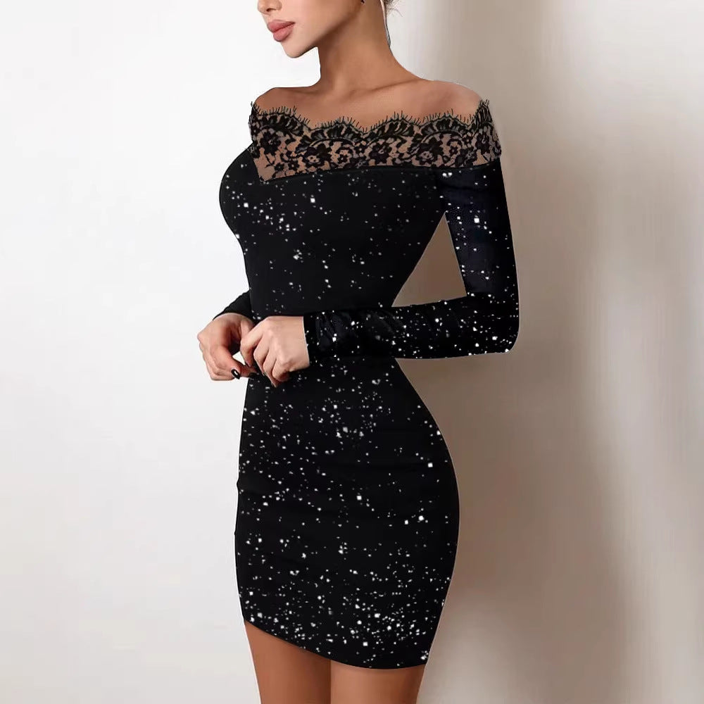 Damen Offshoulder Kleid mit Spitzenbesatz EB