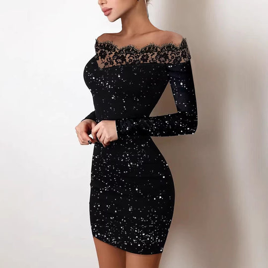 Damen Offshoulder Kleid mit Spitzenbesatz EB