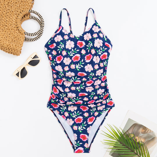 Damen Einteiler Badeanzug mit raffiniertem Floral-Muster und eleganter Raffung EB