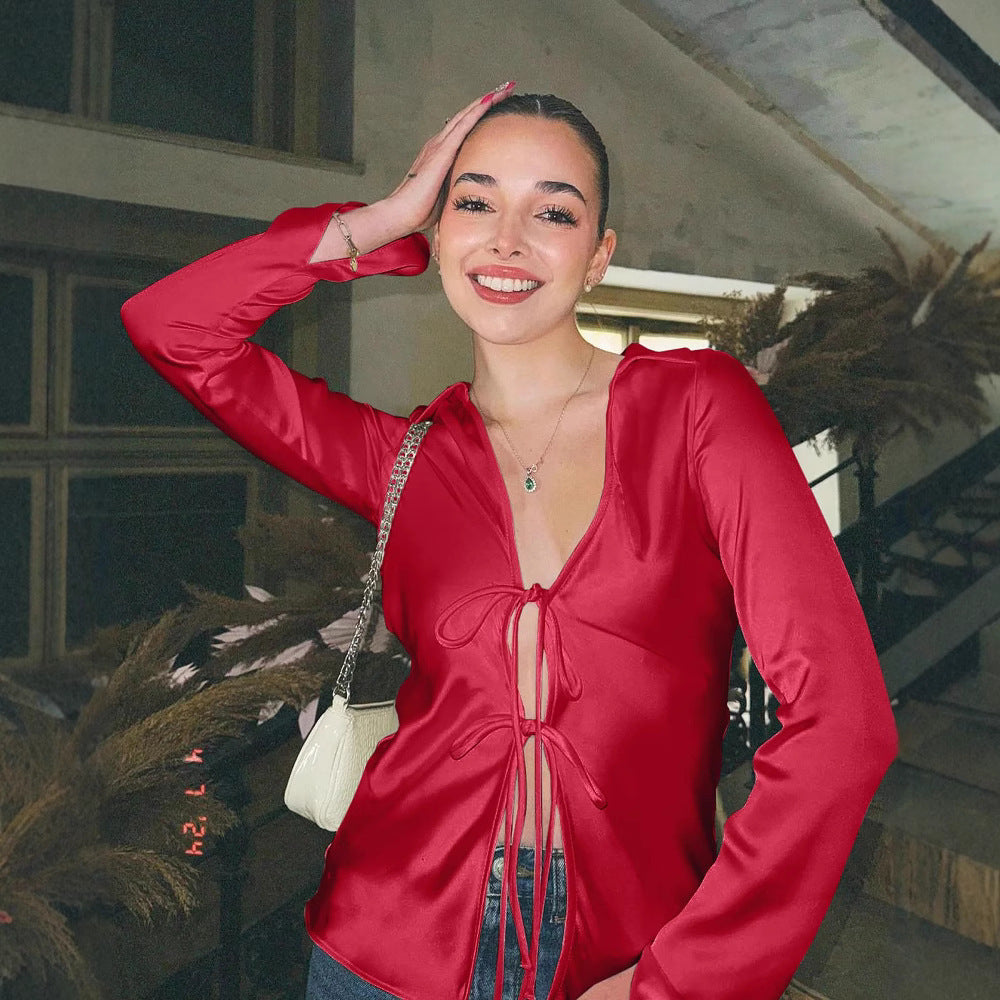 Damen elegante Bluse mit Schnürung und weitem Ärmel EB