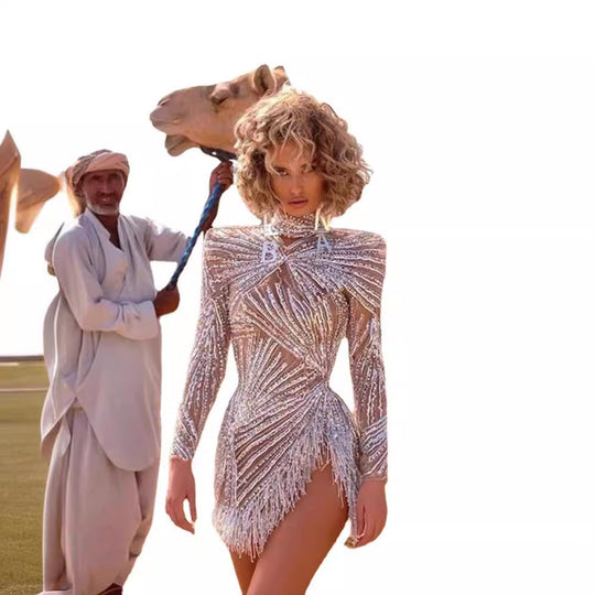Damen Glamouröses Pailletten-Kleid mit transparenten Akzenten und Fransen EB