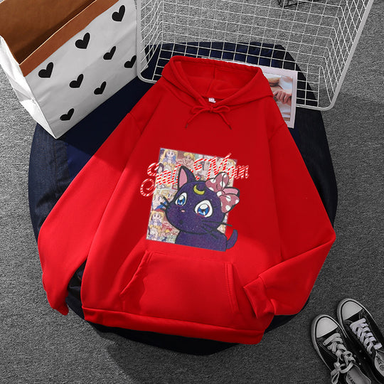 Damen nan Oversize-Kapuzenpullover mit glitzerndem Anime-Katzen-Motiv, Kängurutasche und weichem Fleece-Innenfutter EB