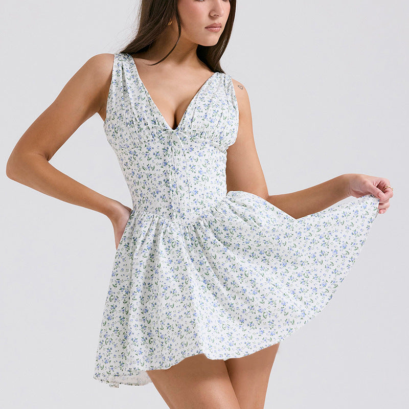 Damen Sommerliches Minikleid mit V-Ausschnitt und fließendem Rock EB