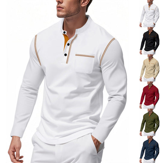 Herren nan Henley-Langarmshirt mit Stehkragen, Brusttasche und kontrastierenden Ziernähten EB