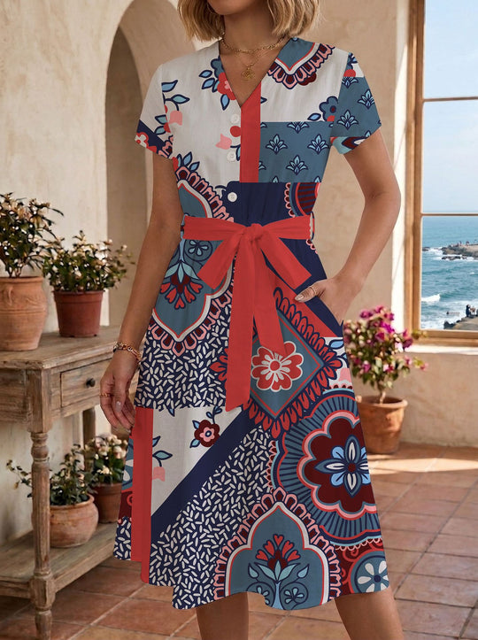 Damen Sommerliches Kleid mit taillierbarem Bindegürtel und floralem Muster EB