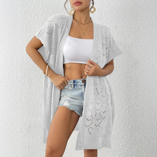 Damen luftiger Strick-Kimono mit floralem Lochmuster EB