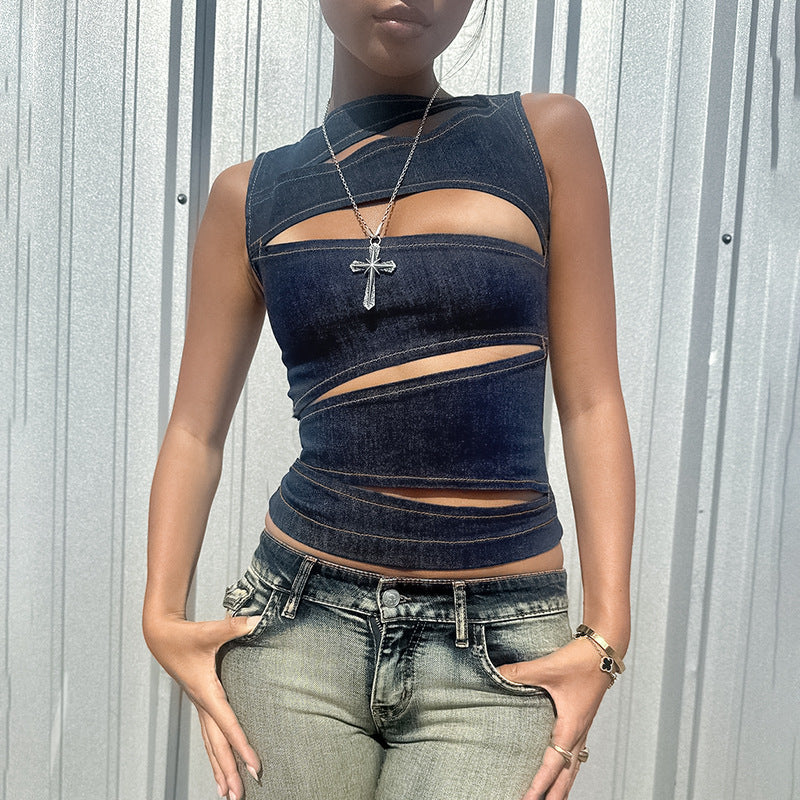 Damen figurbetontes Denim-Top mit asymmetrischen Cut-Outs und stylischem Design EB