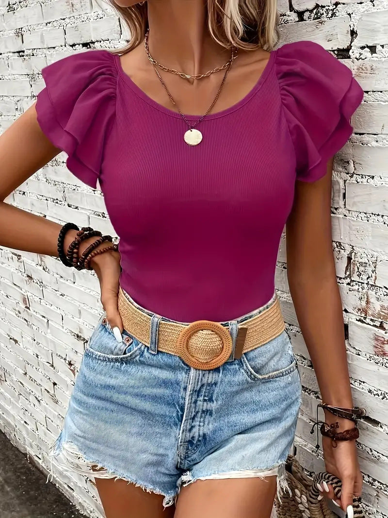 Damen Rippstrickoberteil mit Volants EB